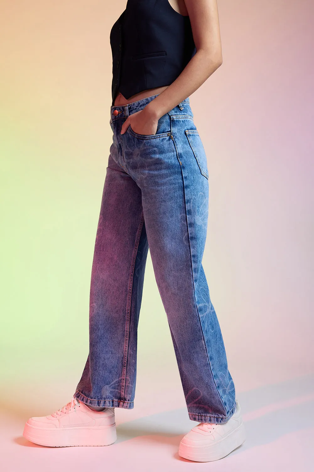 Floral Fish Cut Straight Women's Jeans