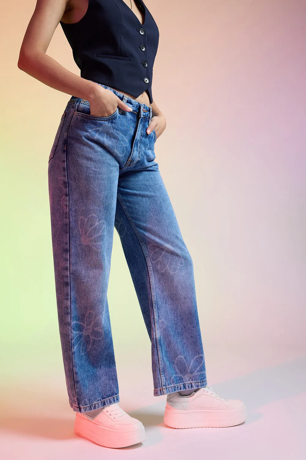 Floral Fish Cut Straight Women's Jeans
