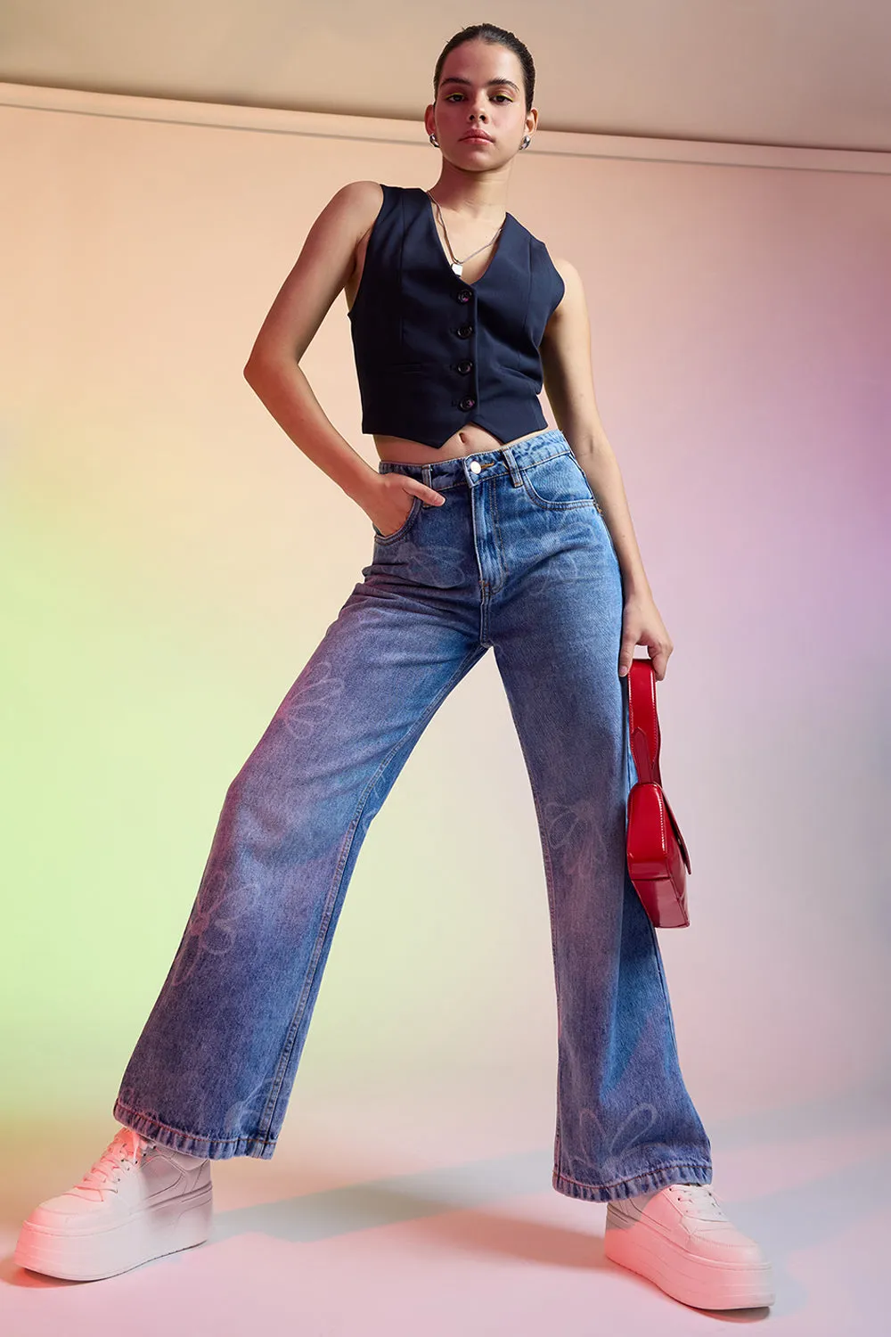 Floral Fish Cut Straight Women's Jeans