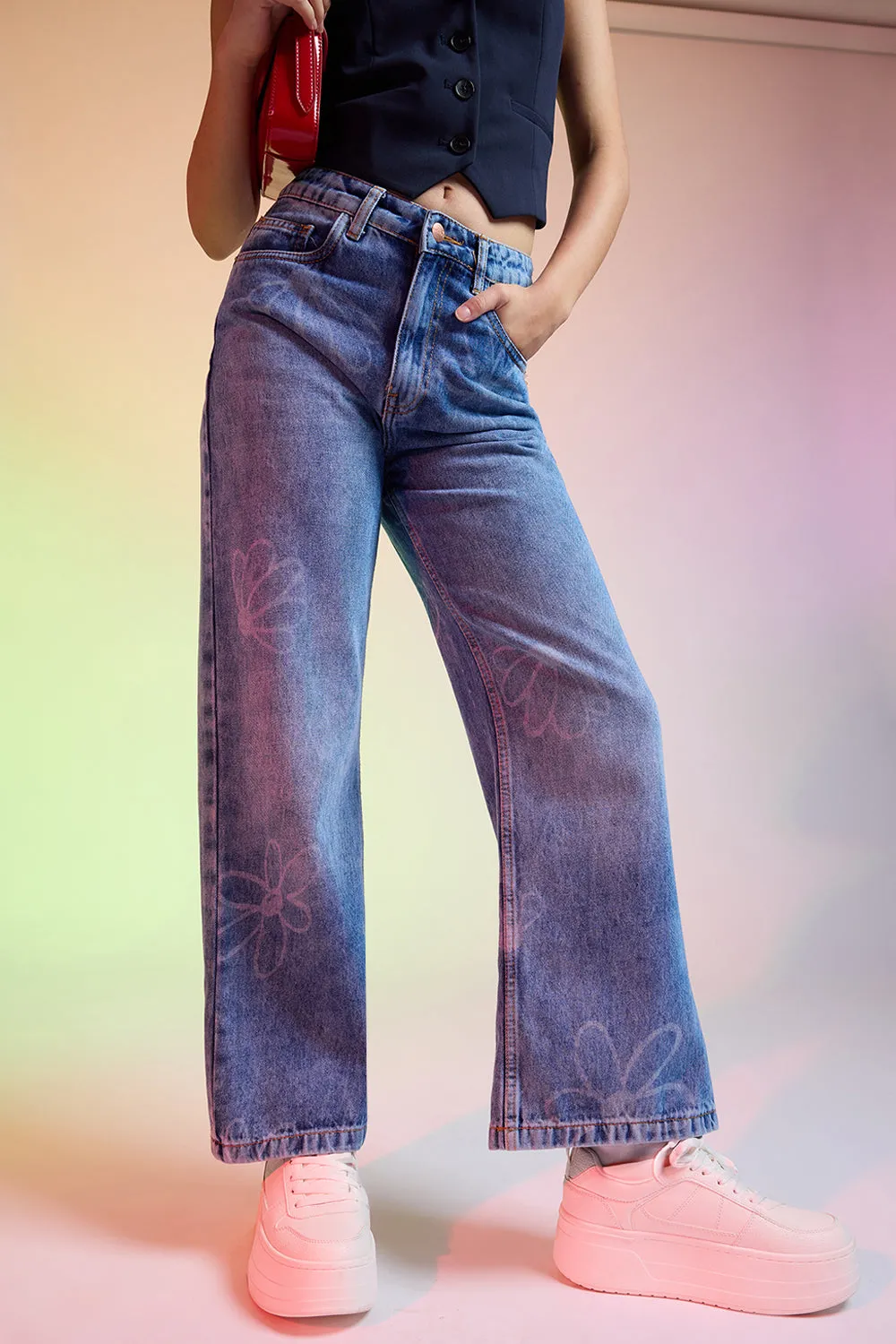 Floral Fish Cut Straight Women's Jeans