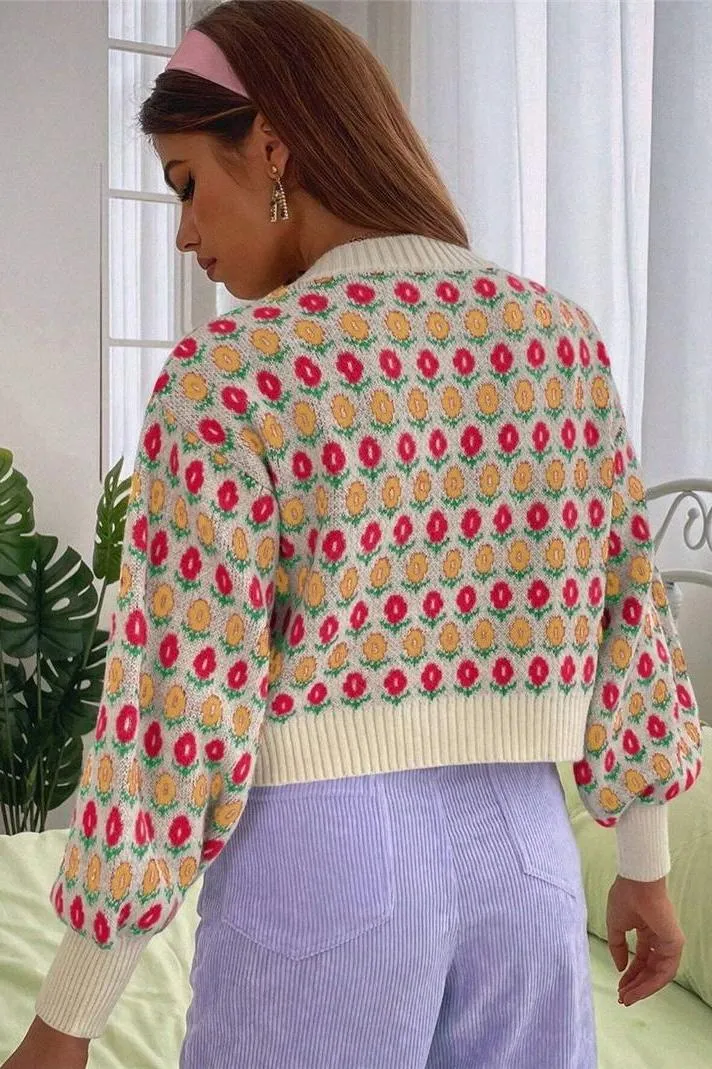 Flower Pattern Cardigan Button Knitted Sweater