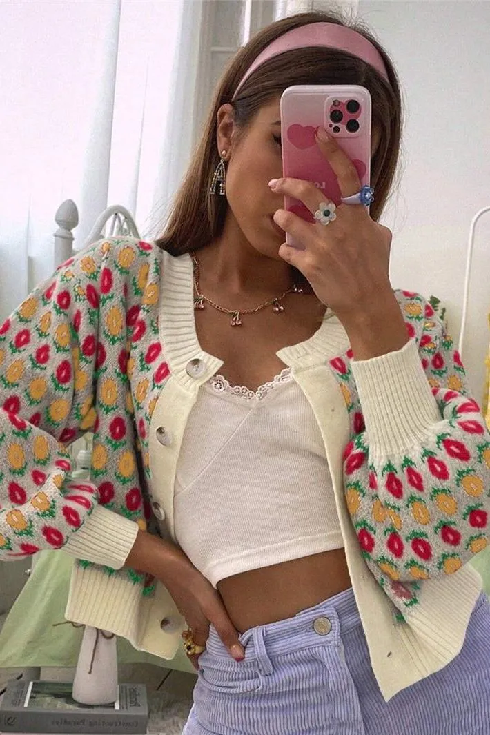 Flower Pattern Cardigan Button Knitted Sweater