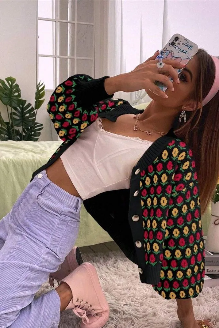 Flower Pattern Cardigan Button Knitted Sweater