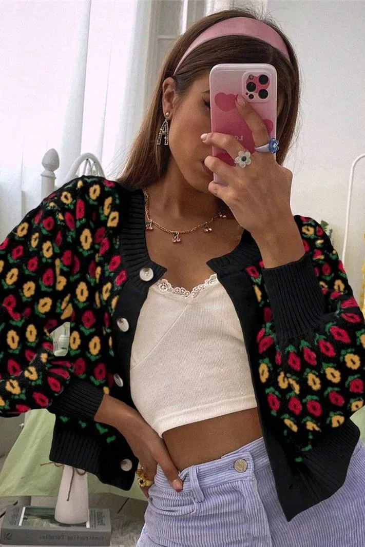 Flower Pattern Cardigan Button Knitted Sweater
