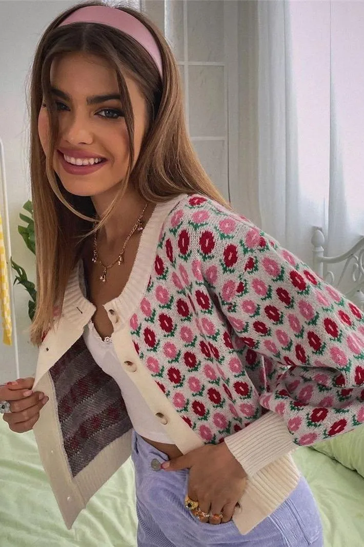 Flower Pattern Cardigan Button Knitted Sweater