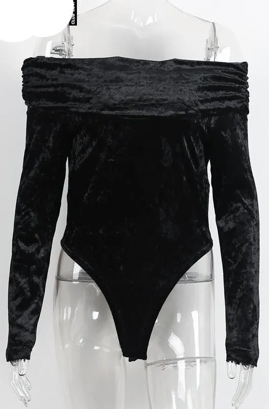 Glamaker Autumn winter white velvet off shoulder bodysuit Long sleeve party women jumpsuit romper Black fashion leotard