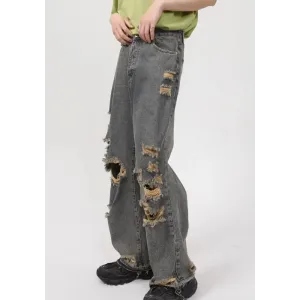 Grunge Ripped Straight Leg Jeans for Stylish Men's Streetwear
