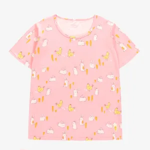 Haut de pyjama rose avec motif de lapins et de poulets, adulte || Pink pajama top with bunnies and chickens print, adult