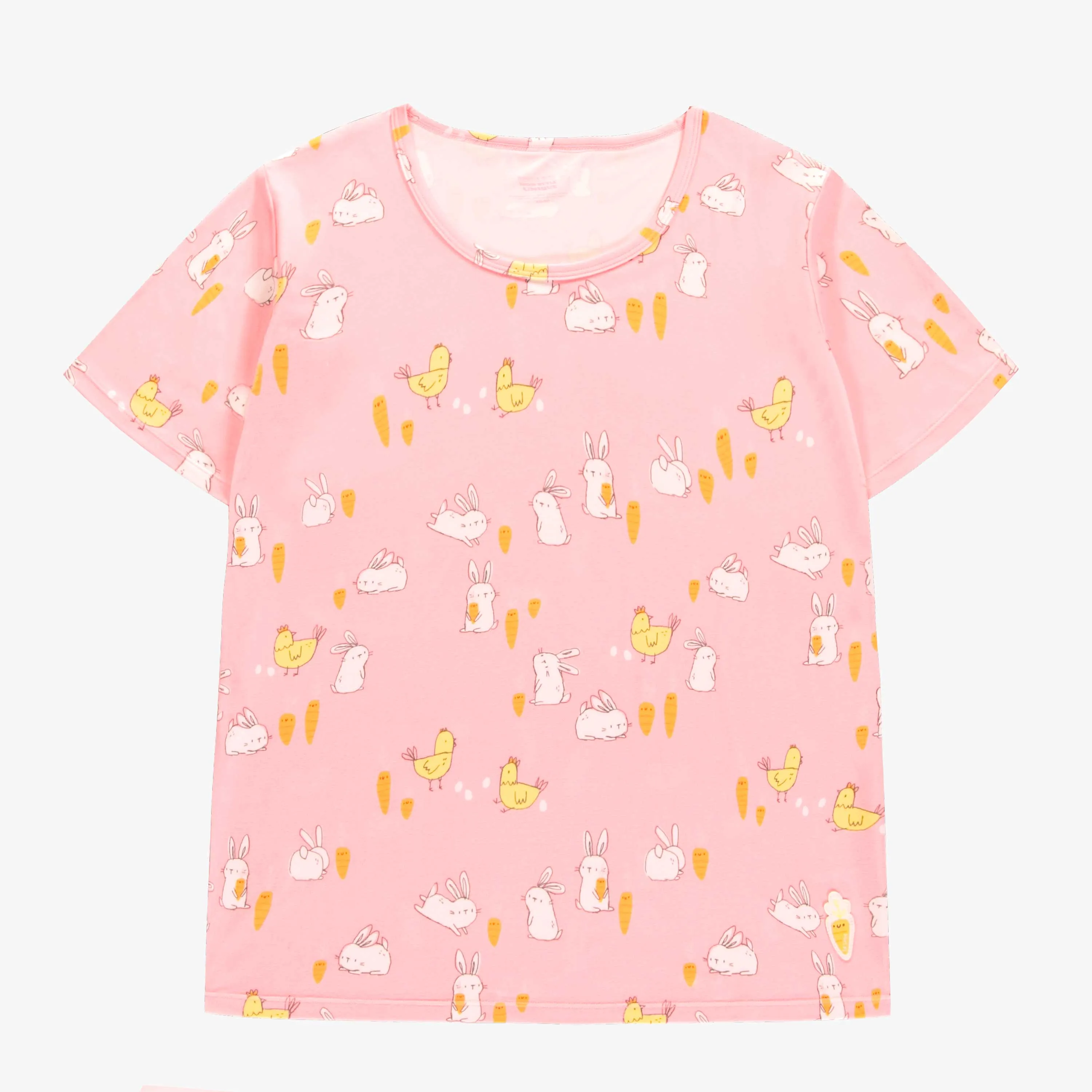 Haut de pyjama rose avec motif de lapins et de poulets, adulte || Pink pajama top with bunnies and chickens print, adult