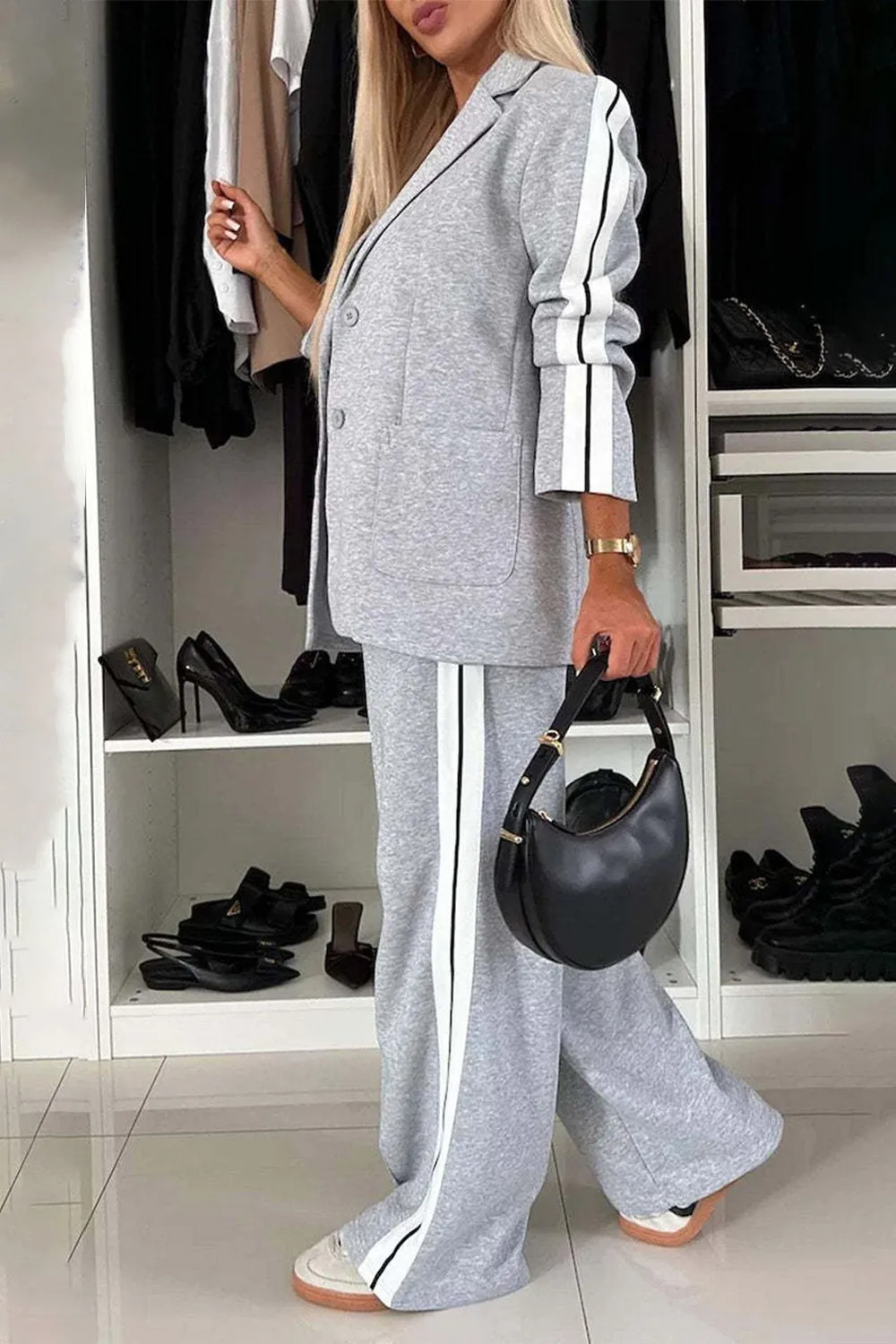 Hazel Blues® |  Contrast Lapel Collar Top and Pants Set