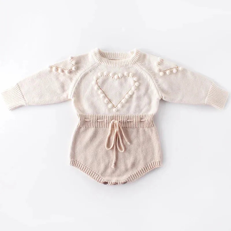 Heart Jumpsuit Infant Baby Girl Knitted Clothes Love Romper Bodysuit Outfit Autumn Cotton Knitted Sweater Bodysuit