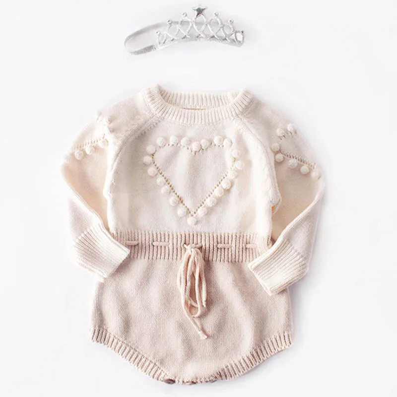 Heart Jumpsuit Infant Baby Girl Knitted Clothes Love Romper Bodysuit Outfit Autumn Cotton Knitted Sweater Bodysuit