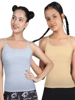 High Coverage Cotton Starter Camisole Bra in Grey and Skin Tone with Adjustable Straps Pack-of-2
