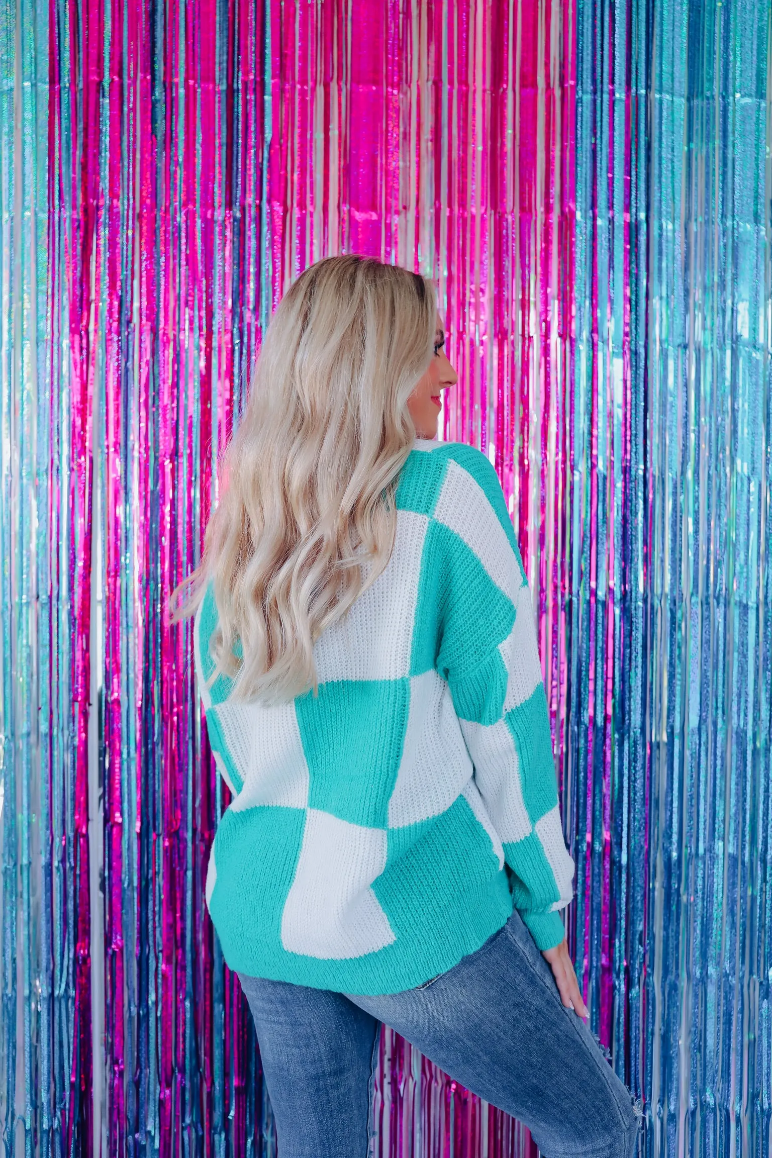 Hip To Be Square Crew Neck Sweater -Teal/White