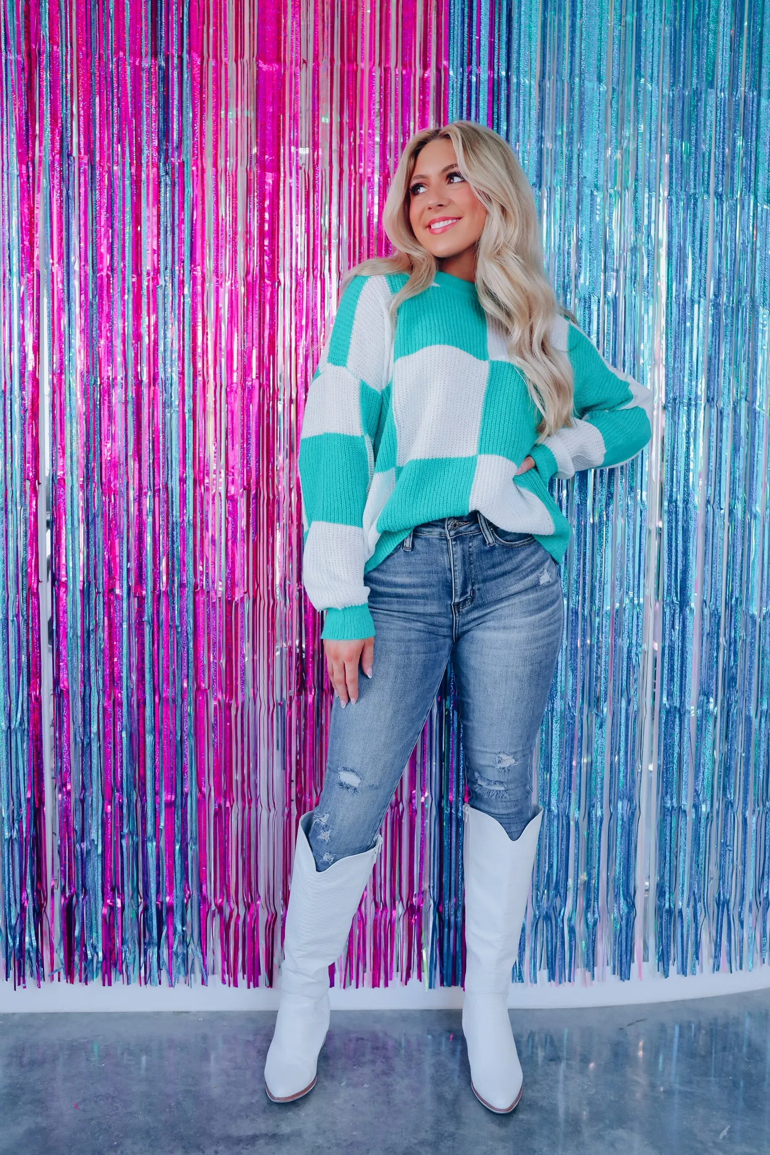 Hip To Be Square Crew Neck Sweater -Teal/White