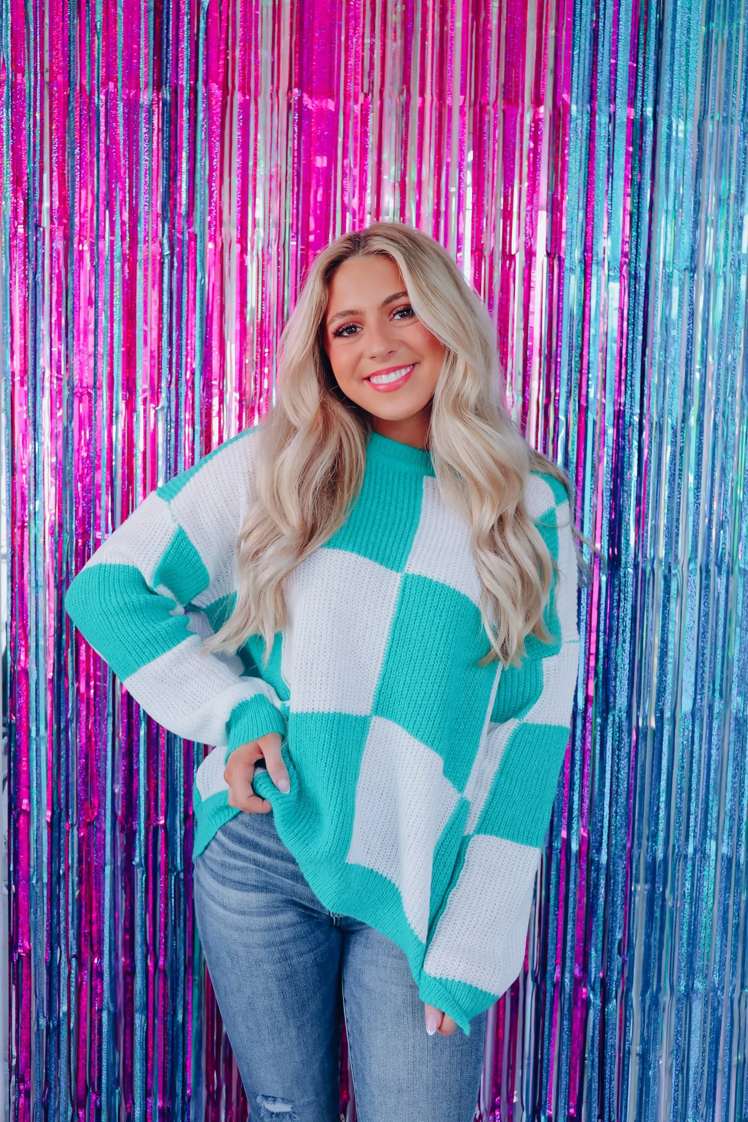 Hip To Be Square Crew Neck Sweater -Teal/White