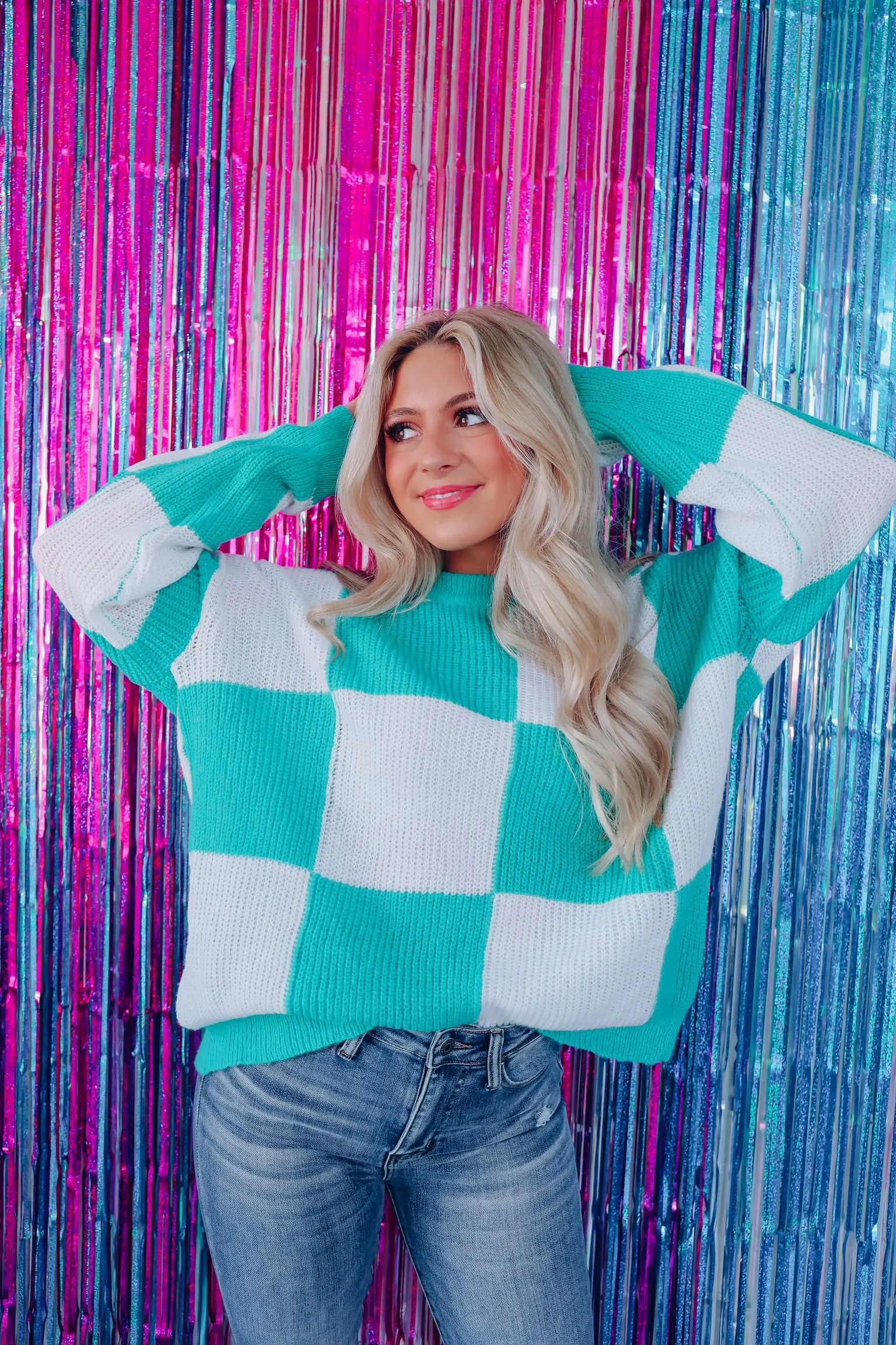 Hip To Be Square Crew Neck Sweater -Teal/White