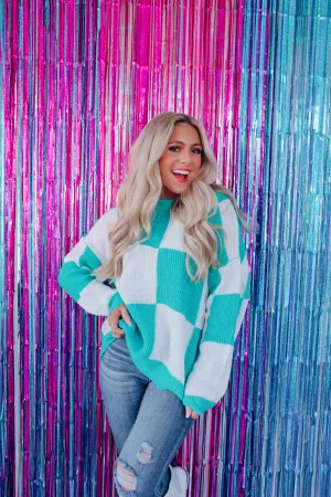 Hip To Be Square Crew Neck Sweater -Teal/White