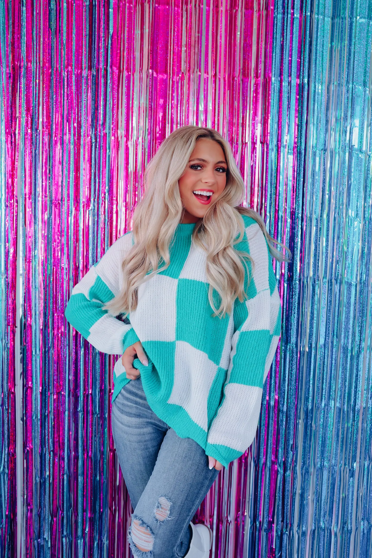 Hip To Be Square Crew Neck Sweater -Teal/White