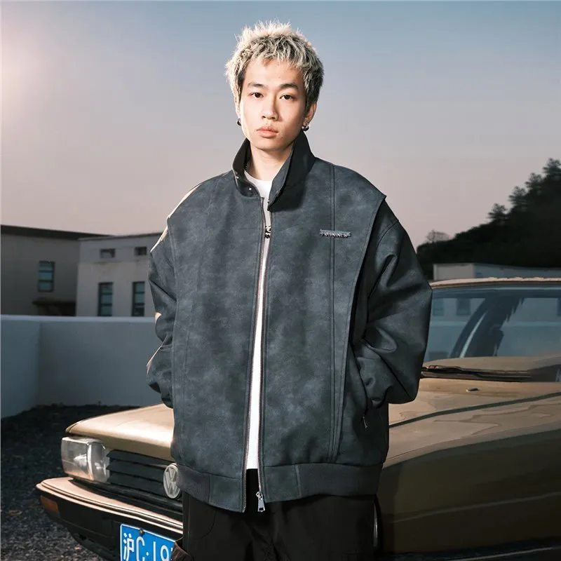 INSTOCK- Stand-up collar leather jacket for men
