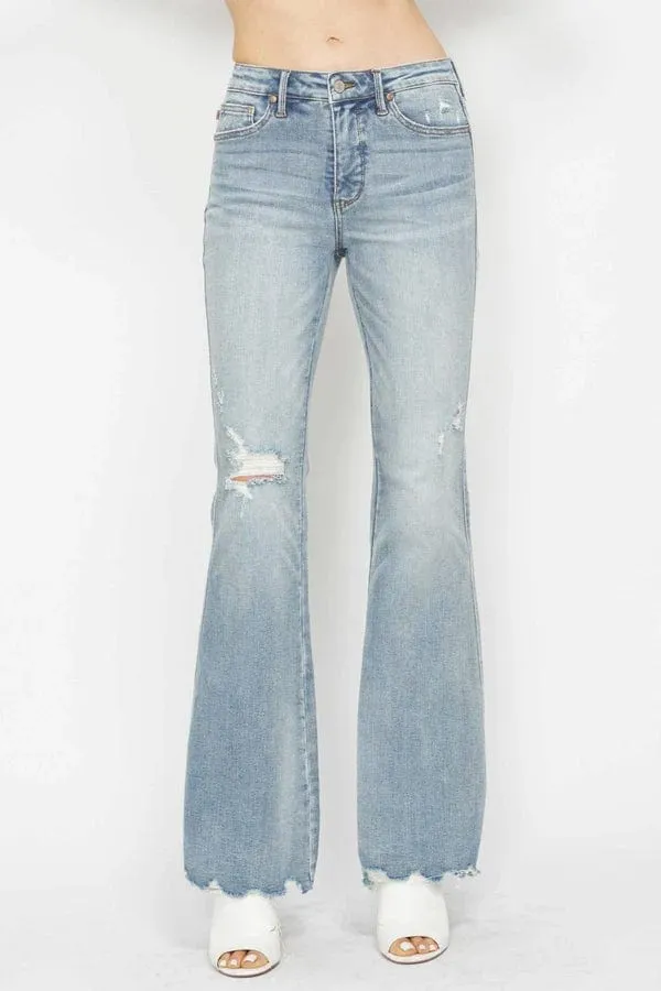 Judy Blue Tummy Control Medium-Light Wash Distressed Flare