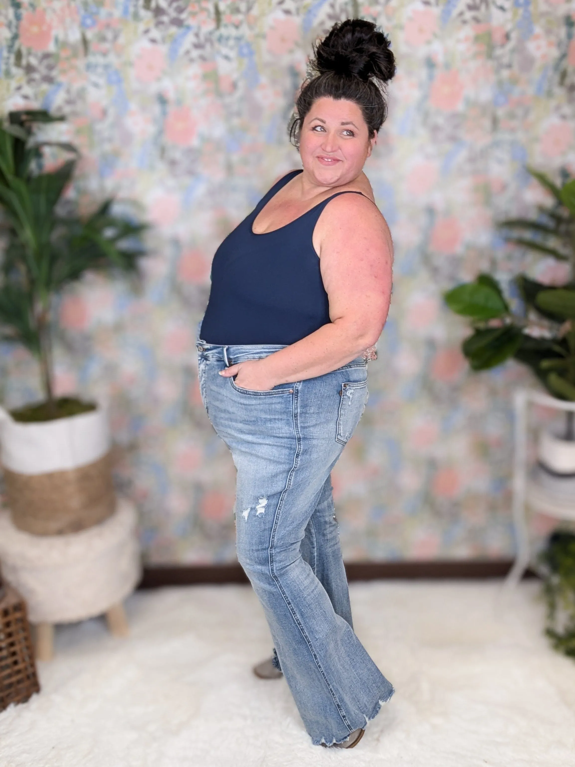 Judy Blue Tummy Control Medium-Light Wash Distressed Flare