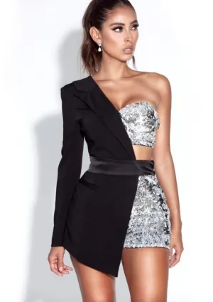 Ladies One Shoulder Shimmer Mini Dress   Shorts Suit