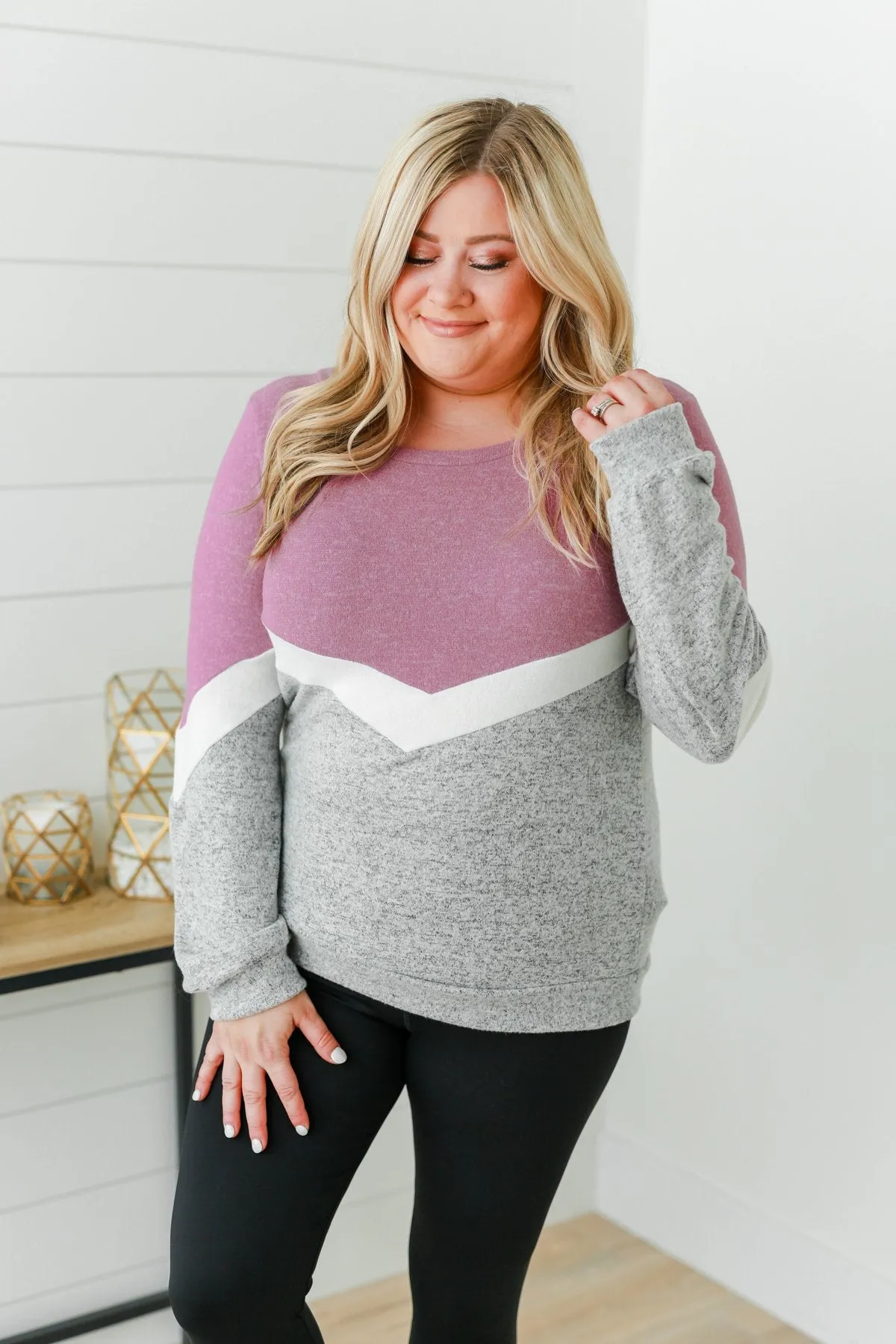 Let Me Shine Color Block Top- Purple, Ivory & Heather Grey