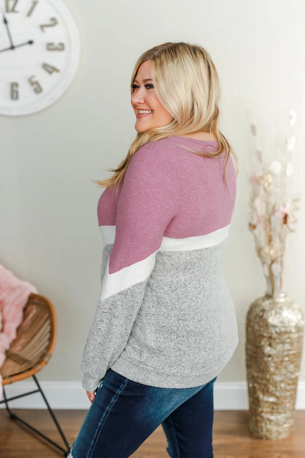 Let Me Shine Color Block Top- Purple, Ivory & Heather Grey