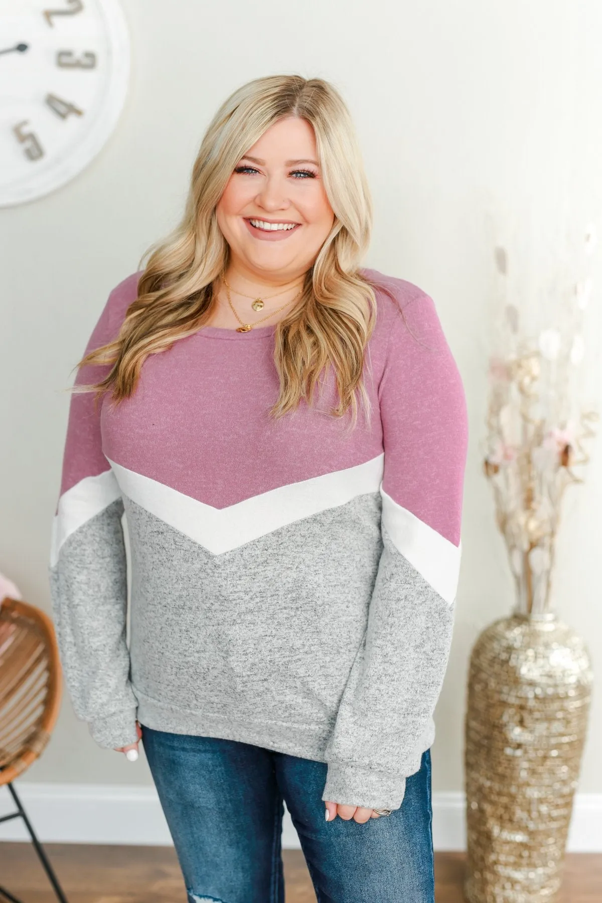 Let Me Shine Color Block Top- Purple, Ivory & Heather Grey