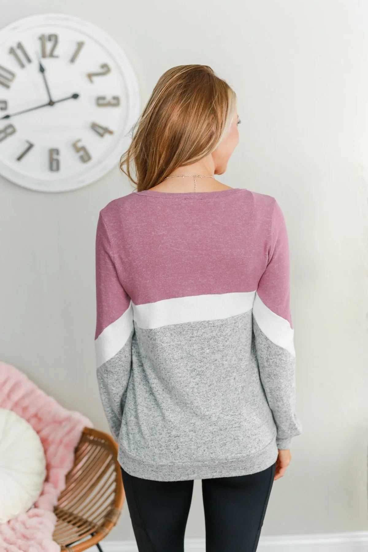 Let Me Shine Color Block Top- Purple, Ivory & Heather Grey
