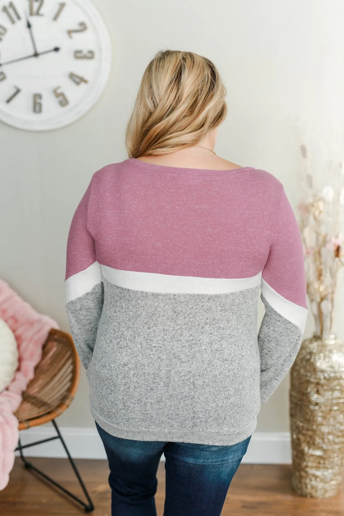 Let Me Shine Color Block Top- Purple, Ivory & Heather Grey
