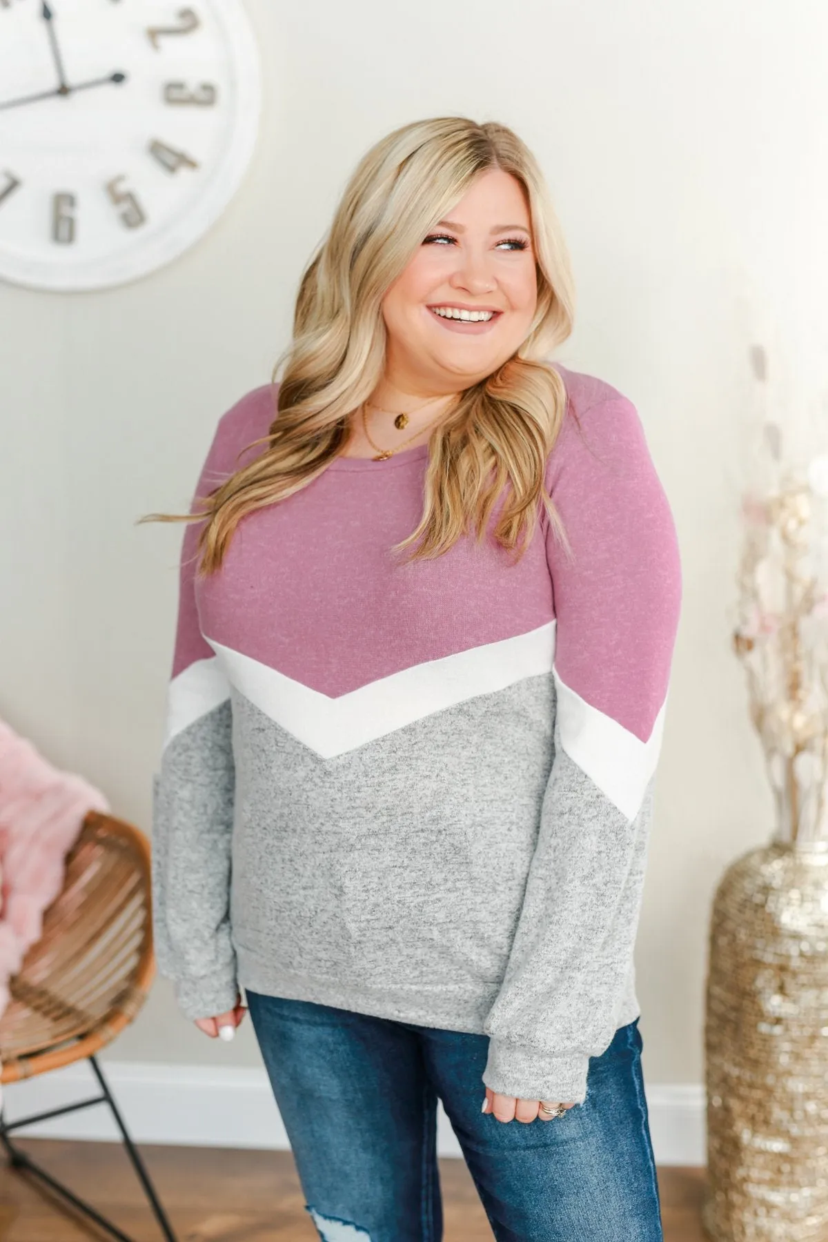 Let Me Shine Color Block Top- Purple, Ivory & Heather Grey