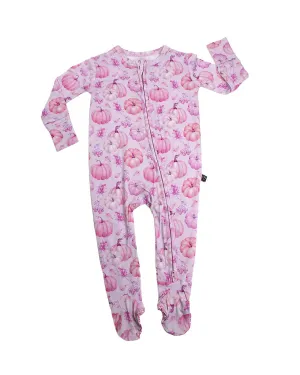 Lev Baby Autumn Pink Pumpkins Baby Zippered Ruffle Footies