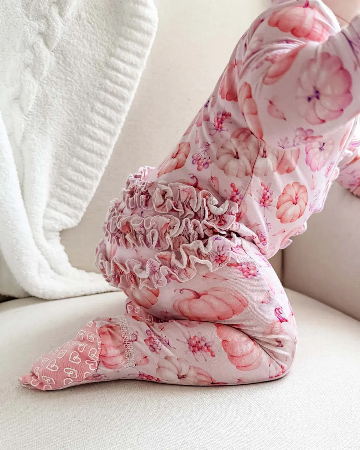 Lev Baby Autumn Pink Pumpkins Baby Zippered Ruffle Footies
