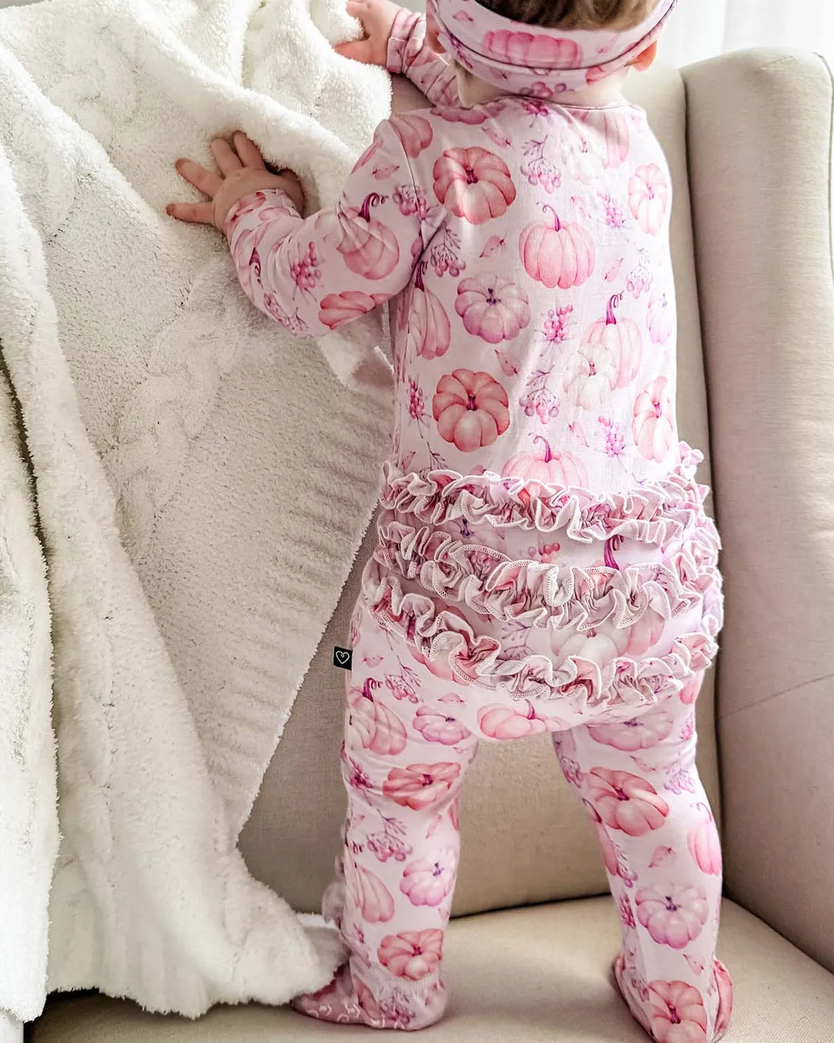 Lev Baby Autumn Pink Pumpkins Baby Zippered Ruffle Footies