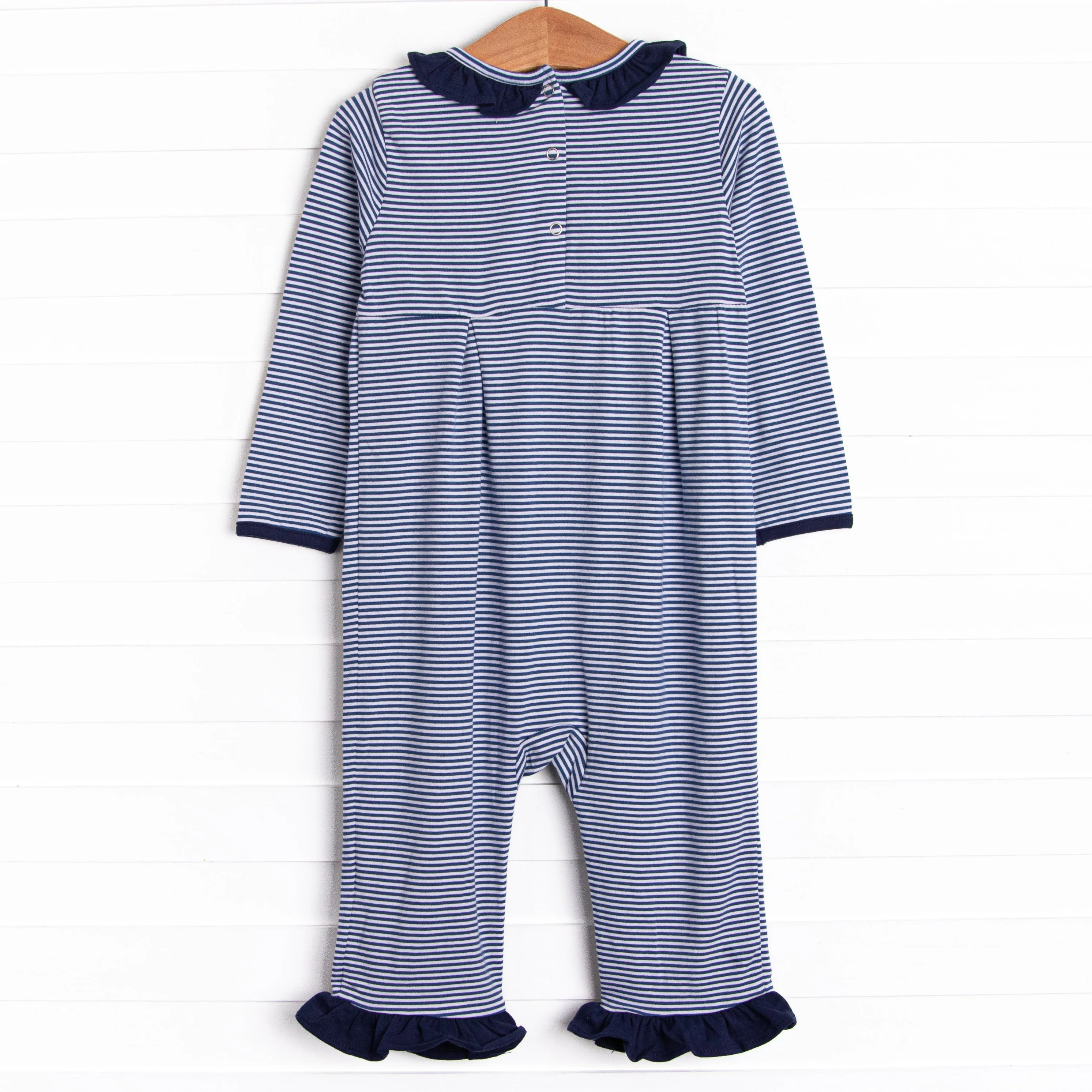 Lexie Ruffle Romper, Navy Stripe