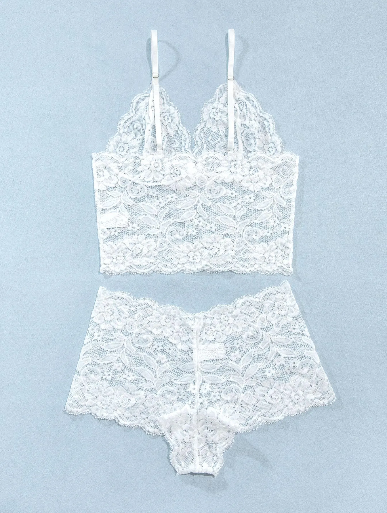 Lilosy Sexy Women Floral Lace Pajamas Lingerie Set High Waist Sheer Sleepwear See Through Nightwear Cami Shorts Bra and Panty 2 Piece White X-Large