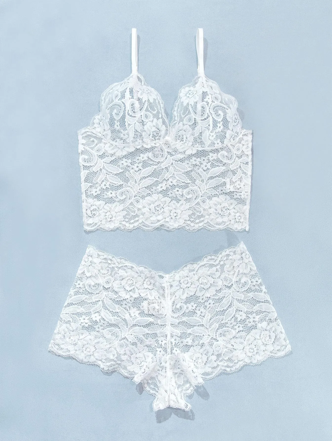 Lilosy Sexy Women Floral Lace Pajamas Lingerie Set High Waist Sheer Sleepwear See Through Nightwear Cami Shorts Bra and Panty 2 Piece White X-Large