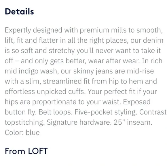 LOFT | Modern Skinny Jeans Button Fly Raw Cut Hem Dark Wash
