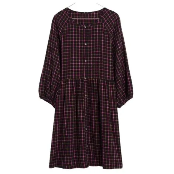 Madewell Plaid Flannel Raglan Button Front Shirtdress Size 4