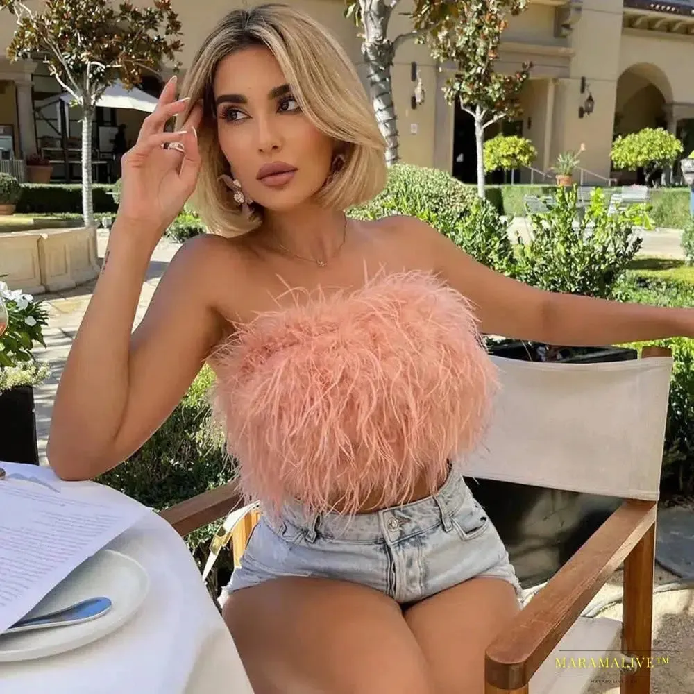 Maramalive™ Sexy Feather Crop Top Party Crop Top Sexy Fluffy Skin-touch Sleeveless Off Shoulder Lady Camisole Night Party Clothes Tank Top