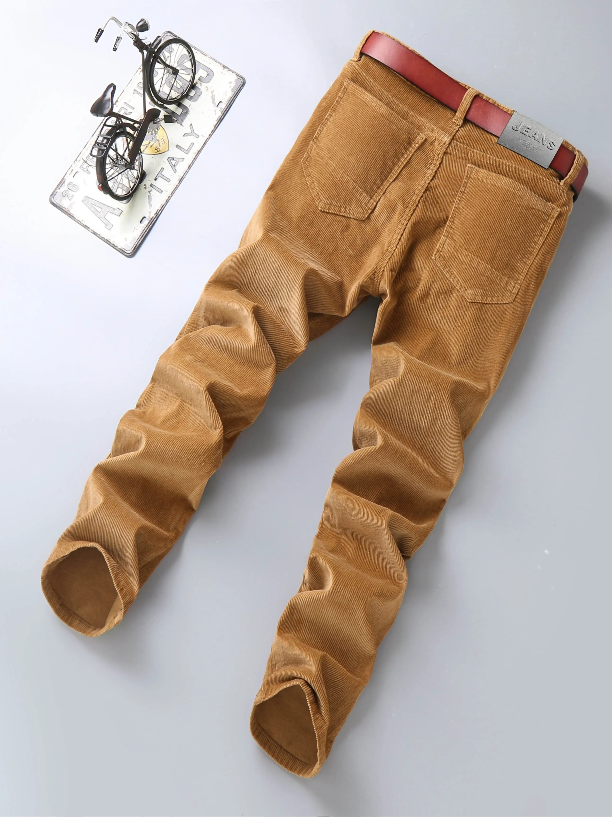 Men's Solid Corduroy Pants With Pockets, Casual Cotton Slim-fit Trousers For Outdoor Activities Gift