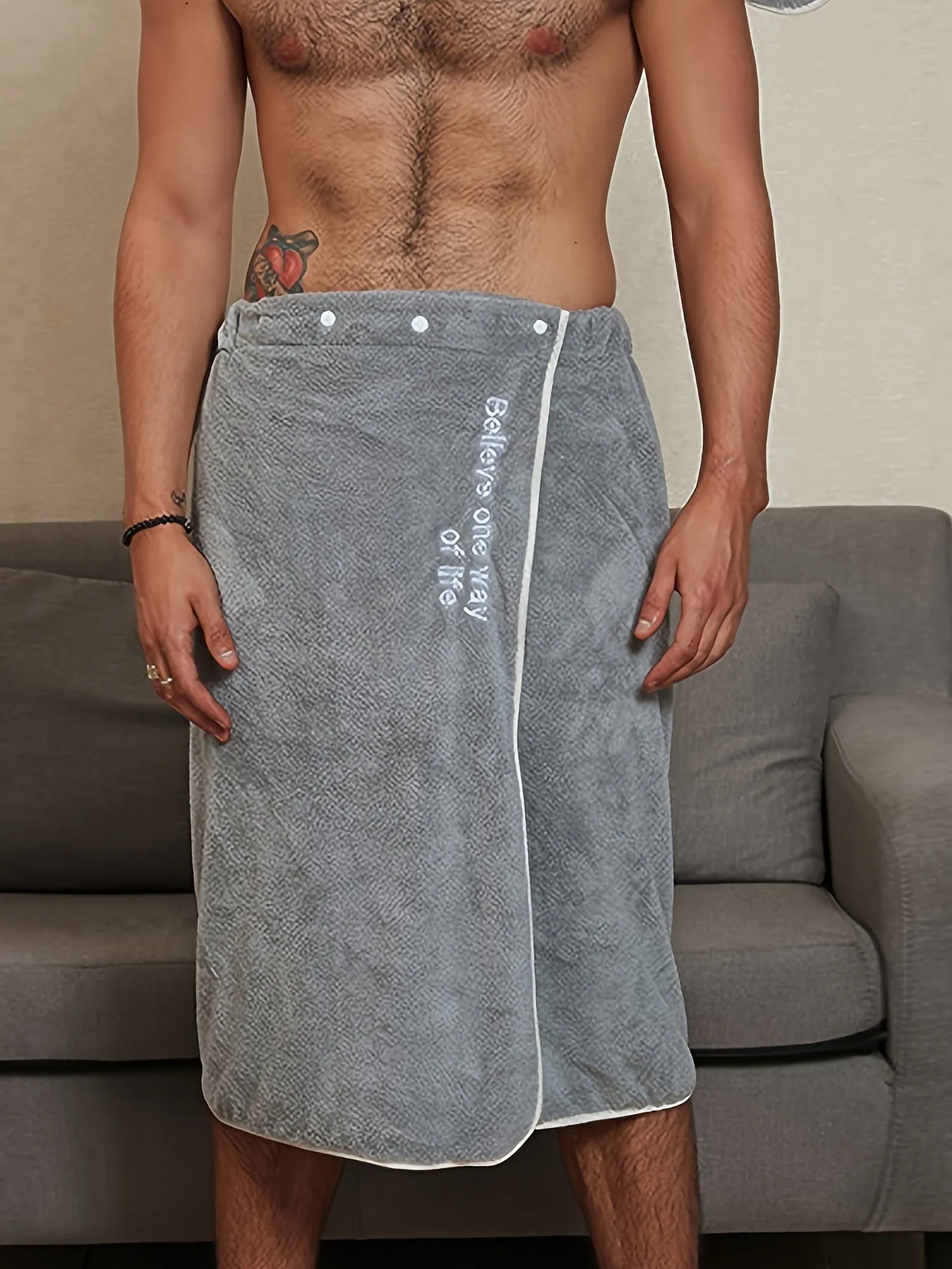Mens Stylish Letter Bath Towel Skirt - Ultra-Soft Coral Fleece, Adjustable & Quick-Drying, with Secure Button Closure for Ultimate Comfort and Convenience