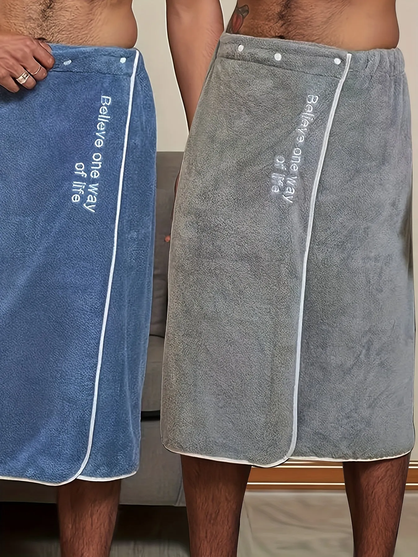 Mens Stylish Letter Bath Towel Skirt - Ultra-Soft Coral Fleece, Adjustable & Quick-Drying, with Secure Button Closure for Ultimate Comfort and Convenience