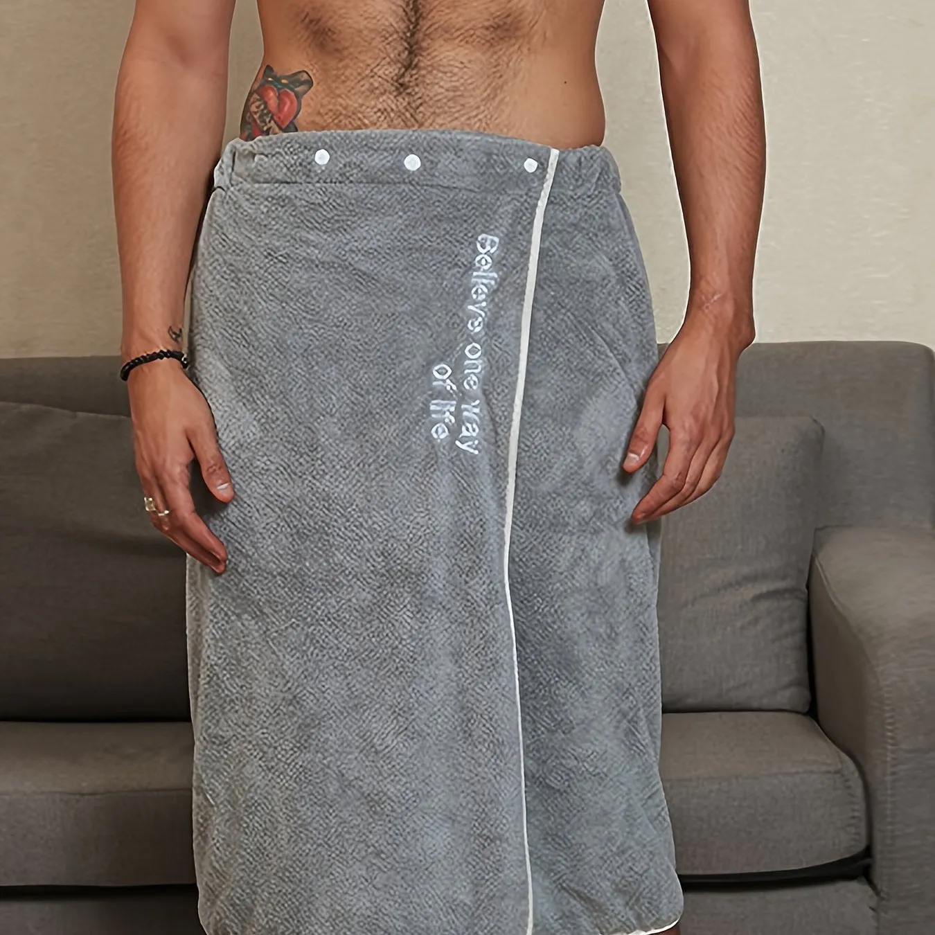 Mens Stylish Letter Bath Towel Skirt - Ultra-Soft Coral Fleece, Adjustable & Quick-Drying, with Secure Button Closure for Ultimate Comfort and Convenience