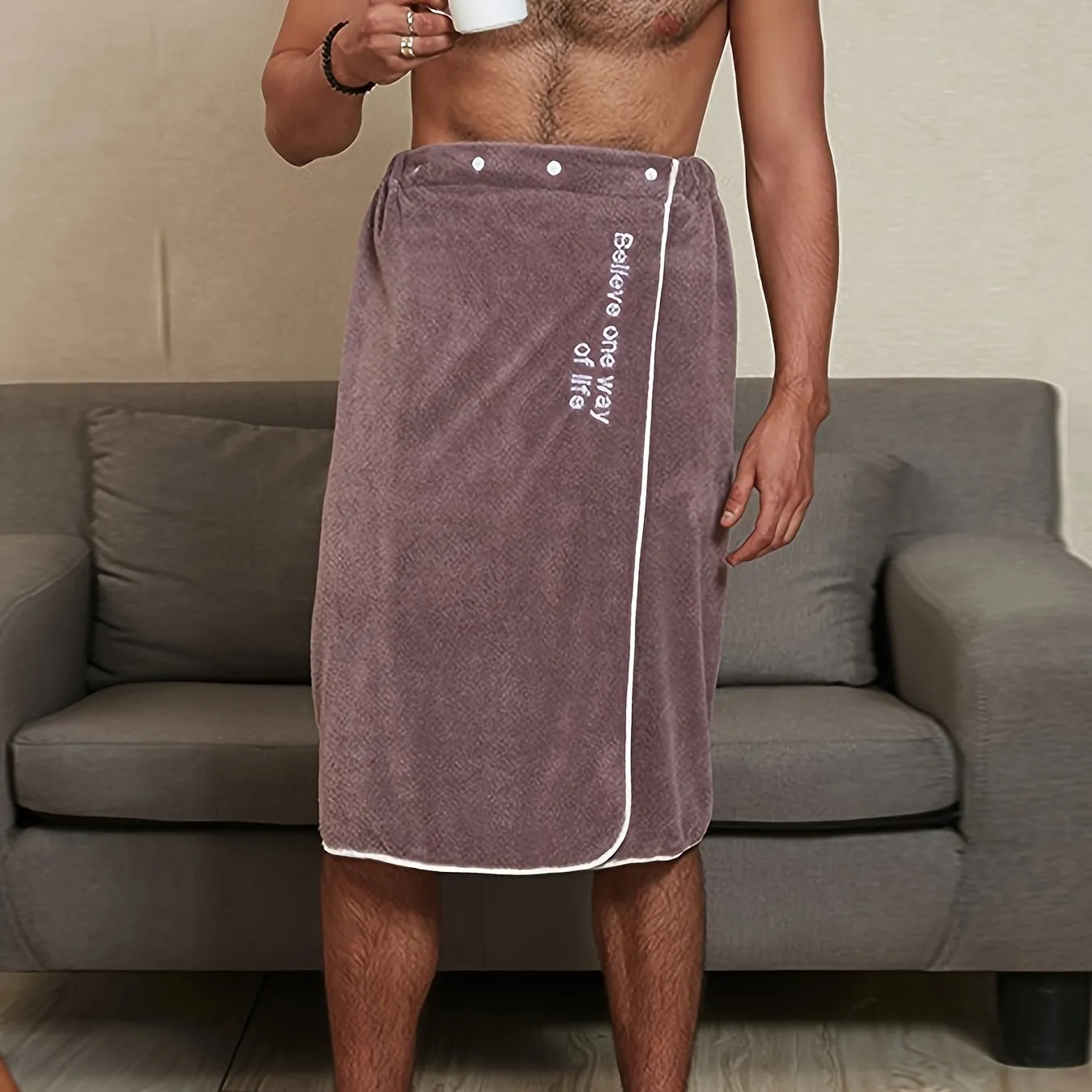 Mens Stylish Letter Bath Towel Skirt - Ultra-Soft Coral Fleece, Adjustable & Quick-Drying, with Secure Button Closure for Ultimate Comfort and Convenience