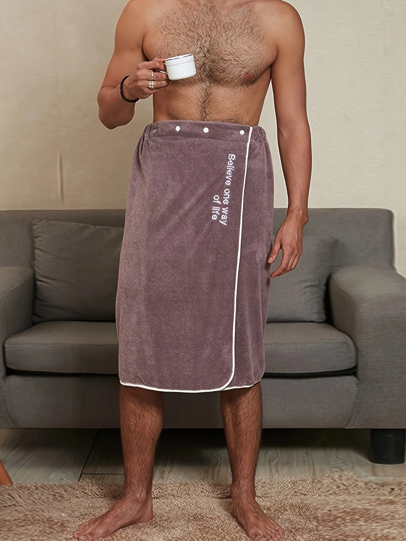 Mens Stylish Letter Bath Towel Skirt - Ultra-Soft Coral Fleece, Adjustable & Quick-Drying, with Secure Button Closure for Ultimate Comfort and Convenience