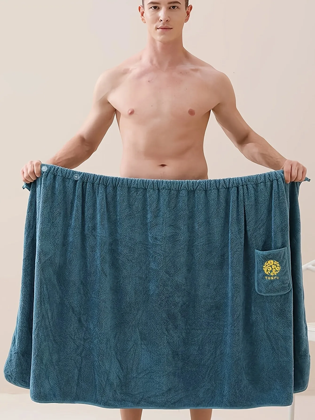 Mens Stylish Letter Bath Towel Skirt - Ultra-Soft Coral Fleece, Adjustable & Quick-Drying, with Secure Button Closure for Ultimate Comfort and Convenience