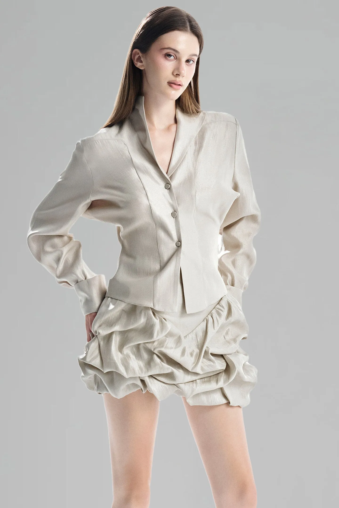 MUST HAVE • Silver Stand Collar Blouse with 3 Buttons